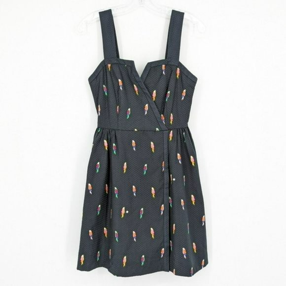 Kate Spade Flock Party Dress 0 Black Parrot Jacquard Fit N Flare Mock Wrap Mini - Picture 4 of 15